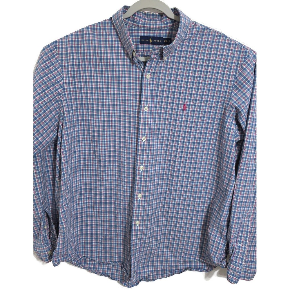 Ralph Lauren Shirt Mens 2XL Blue Plaid Long Sleeve Button Down Cotton Casual